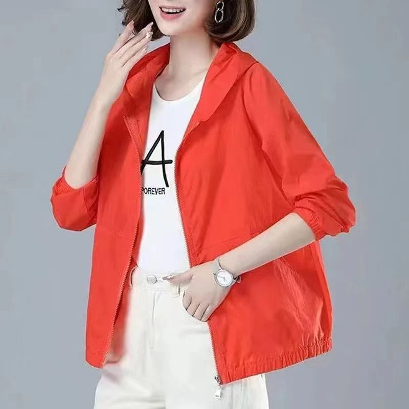 2024 New Womens Jacket Long Sleeve Casual Windbreaker Famale Hooded Sunscreen Thin Coat Zipper Bomber Jacket Loose Outerwear