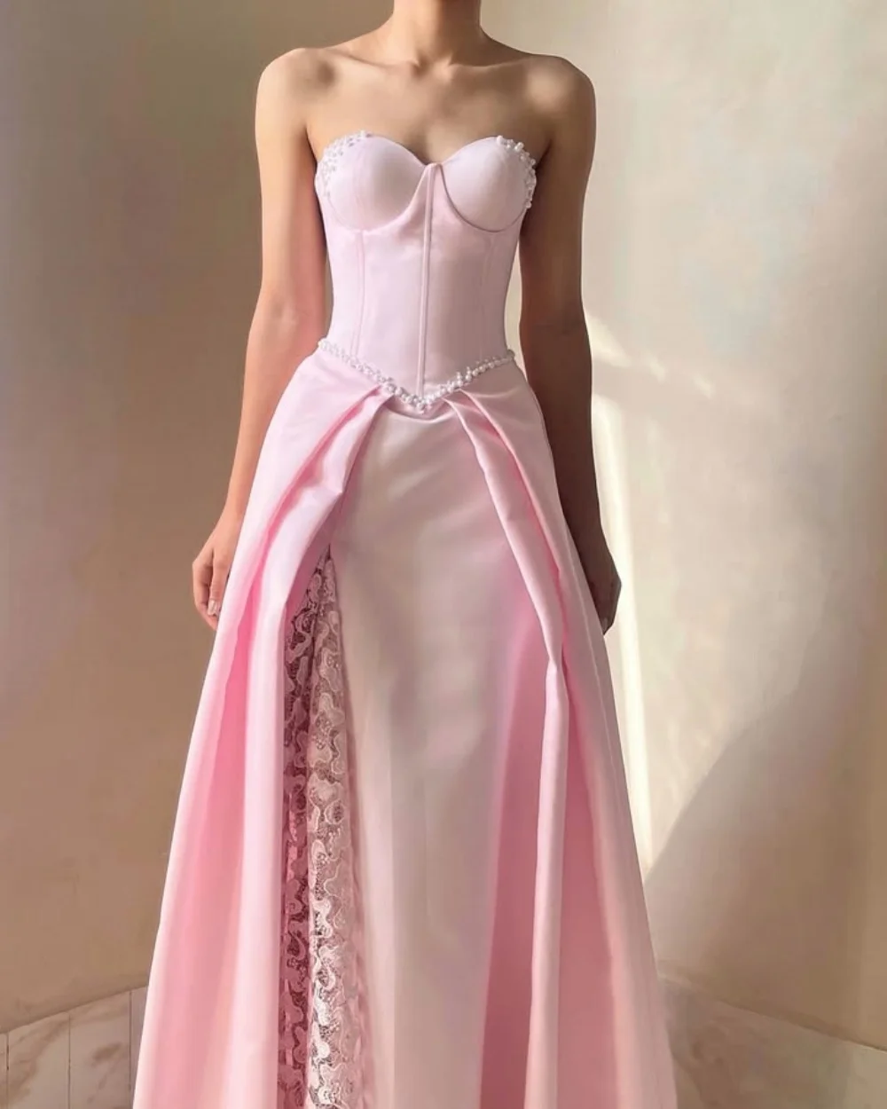 

Customized Elegant Matching Pearl Lace Ruched A-line Strapless Midi Dresses Bespoke Occasion Dresses Sizes Available Fashion