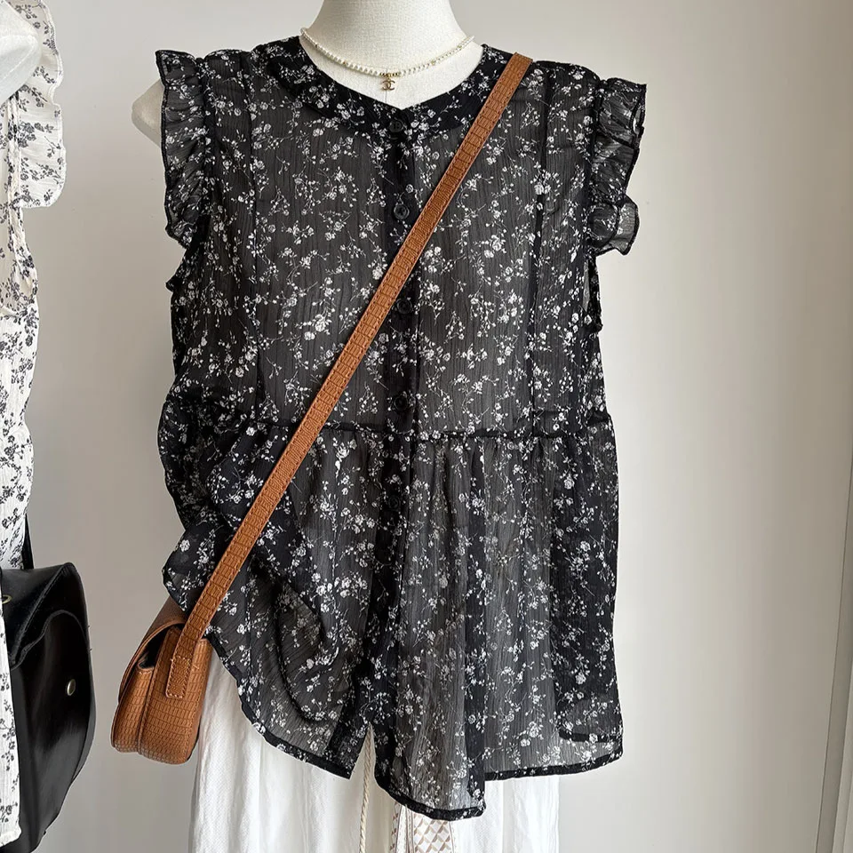 

Retro Doll Shirt Design Summer New Style Korean Loose Fit Floral Print round Neck Thin Transparent Sleeveless Women's Top