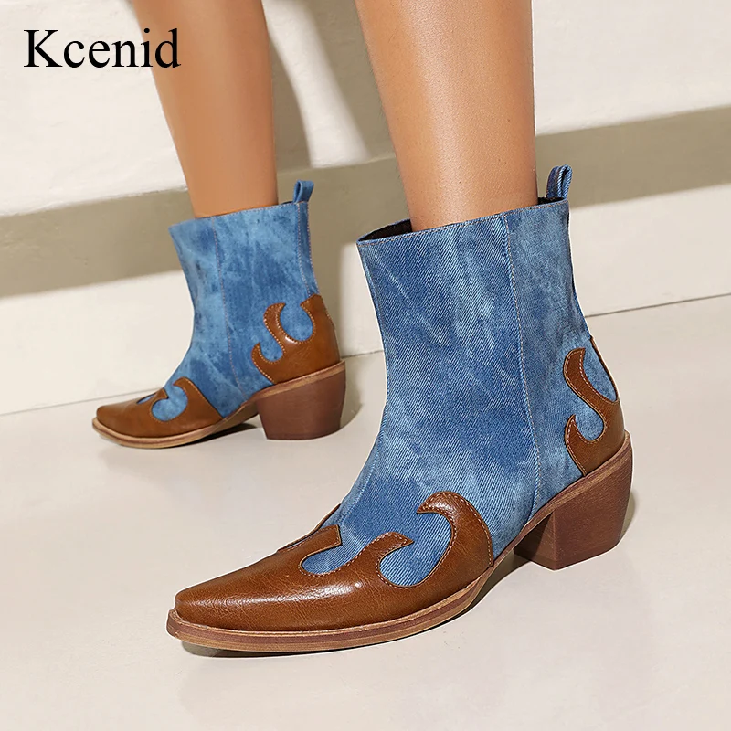 

Kcenid Women's Pointed Toe Chunky Heel Shoes Western Cowboy Short Boots Retro Stitching Slip-On Cosplay Ankle Boots Big Size 43
