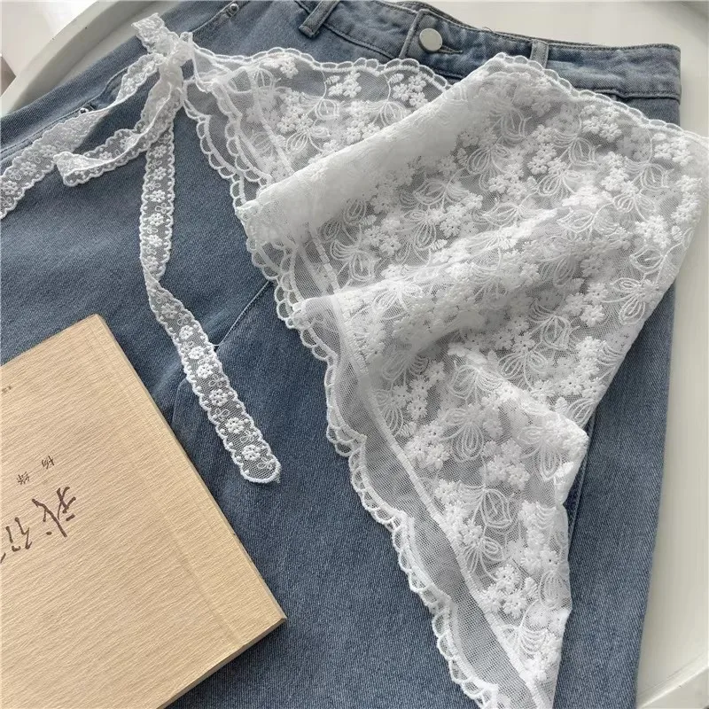 Sweet Sheer Floral Lace Wrap Apron Skirt Side Bow Tie Irregular Mini Over-skirt Denim Pants Headscarf Outfit Versatile Accessory view 3