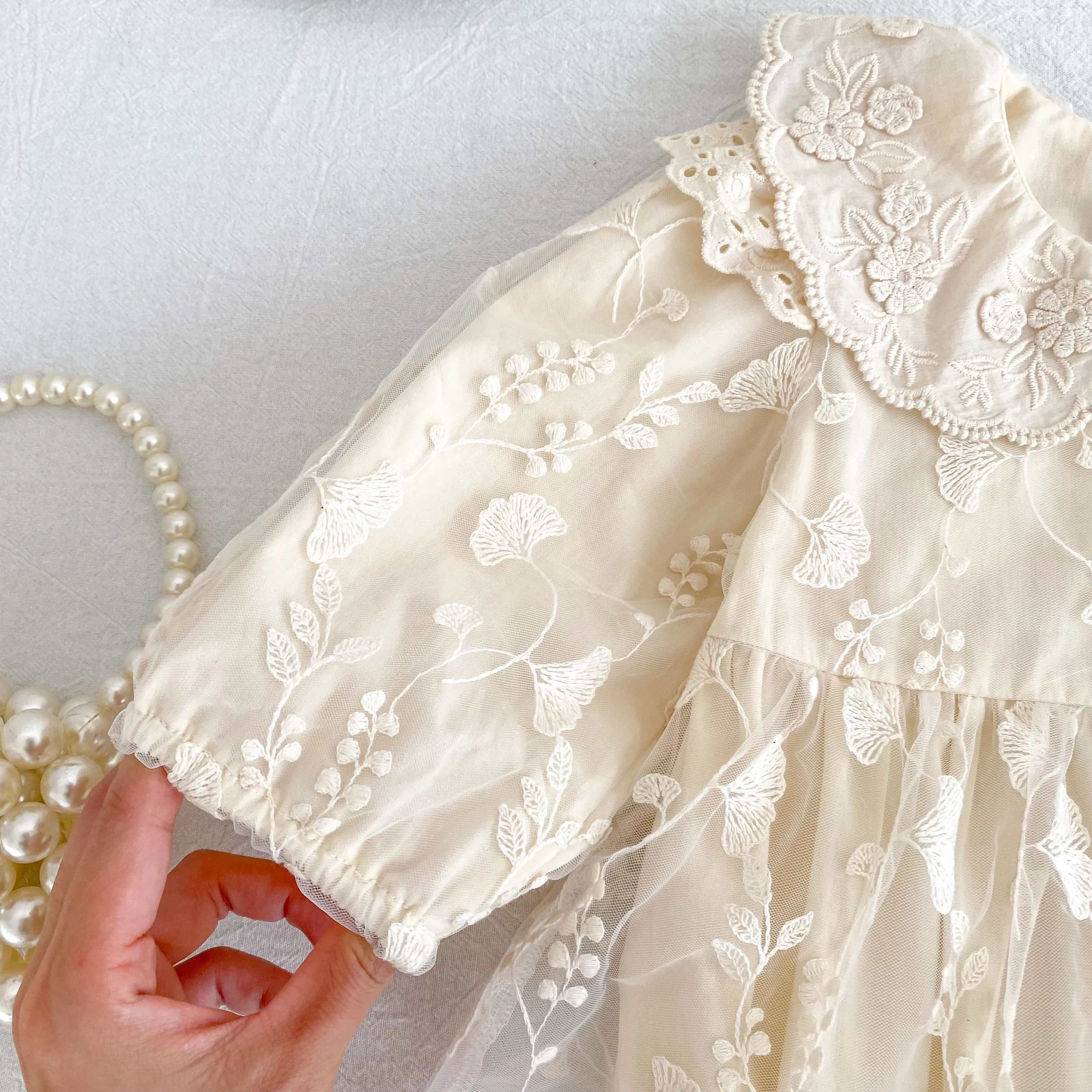 Baby-Mädchen-Strampler aus Spitze, langärmelig, mit Stickerei, Peter-Pan-Kragen, Body, Neugeborenen-Overall, beige, Geburtstags-Foto-Outfit, 0-24 Monate – Detail 10