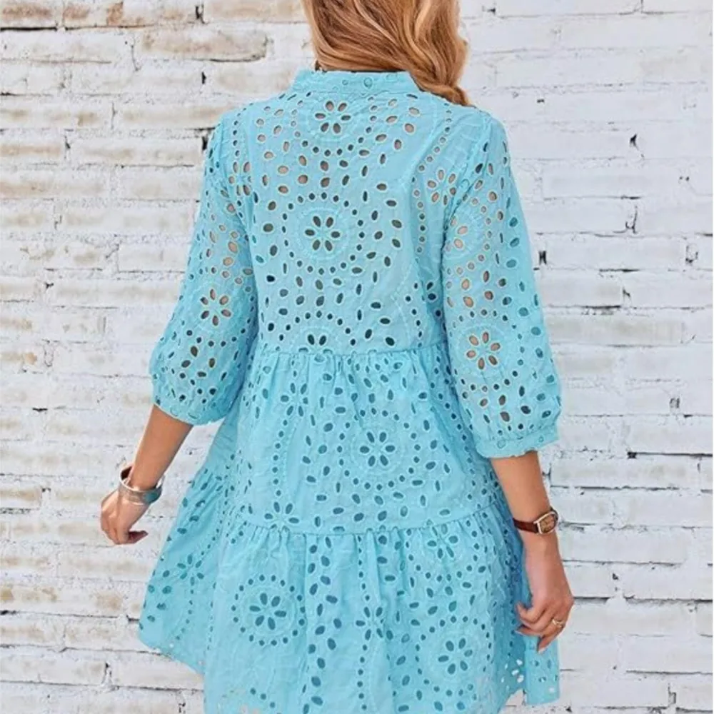 Spring Summer New Solid Color Hollow Out Fashion 7 Point Sleeve Dress Wmen's Casual Loose Simple Elegant Female Holiday Dresses