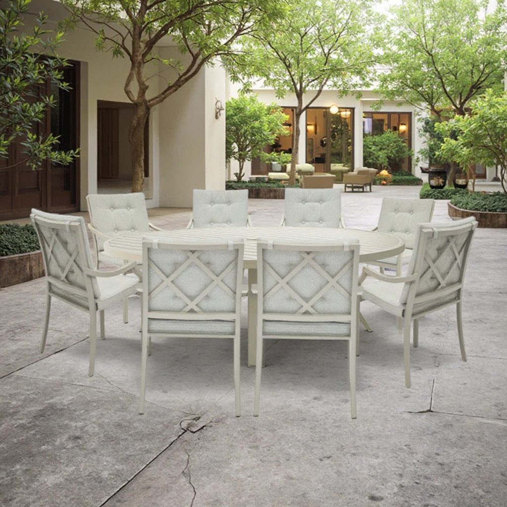 Outdoor Furniture Modern 9pcs Aluminum Tube Metal Dining Table Set for Villa Courtyard Home Bar Application
