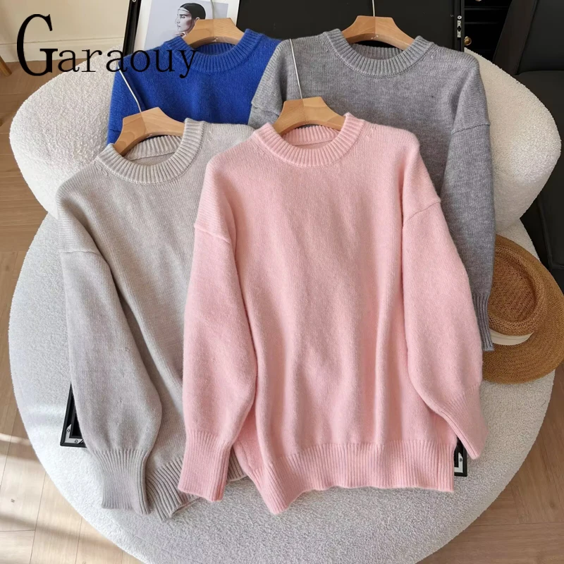 Garaouy Blue Knitted Loose Pullovers Autumn Winter Round Collar Thick Warm Long Sleeve Sweater For Women Casual Lazy Jumpers