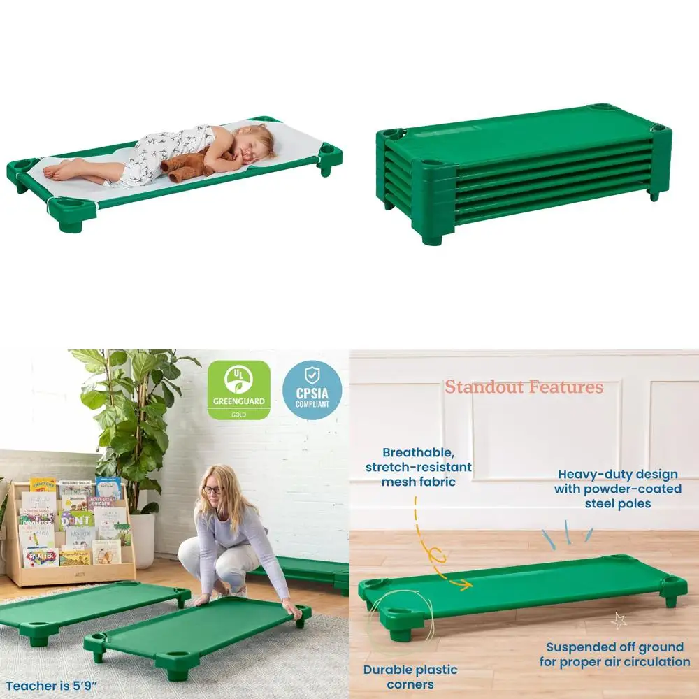

6-Piece Stackable Children's Cot Set, Easy Assembly, Green Classroom Furniture