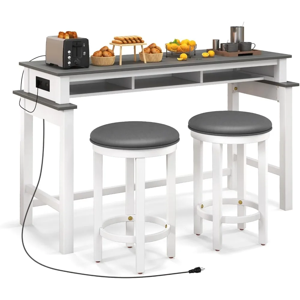 

Small Dining Table Set for 2 - Bar Table and 2 Bar Stools, Sofa Table with Outlets, USB Ports, Breakfast Nook Table Set, 3-Piec