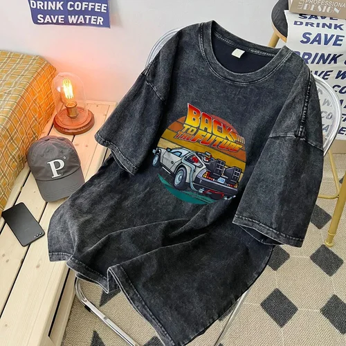 Imagen 2 del producto Camiseta lavada con estampado de coche Vintage para hombre y mujer, camisa Retro de algodón con cuello redondo, Harajuku, informal, manga corta, ropa de calle Hip Hop