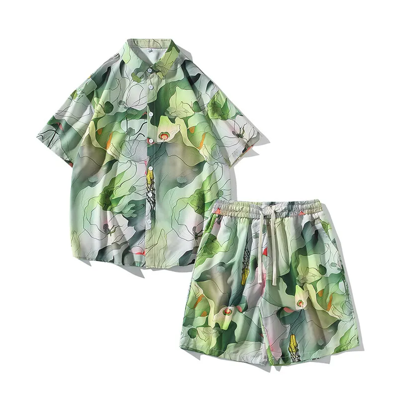 Summer Men's Print Sets Fashion Turn Down Collar Short Shirts Shorts Hawaiian Beach Set Men Loose Casual Streetwear 2-Piece Suit