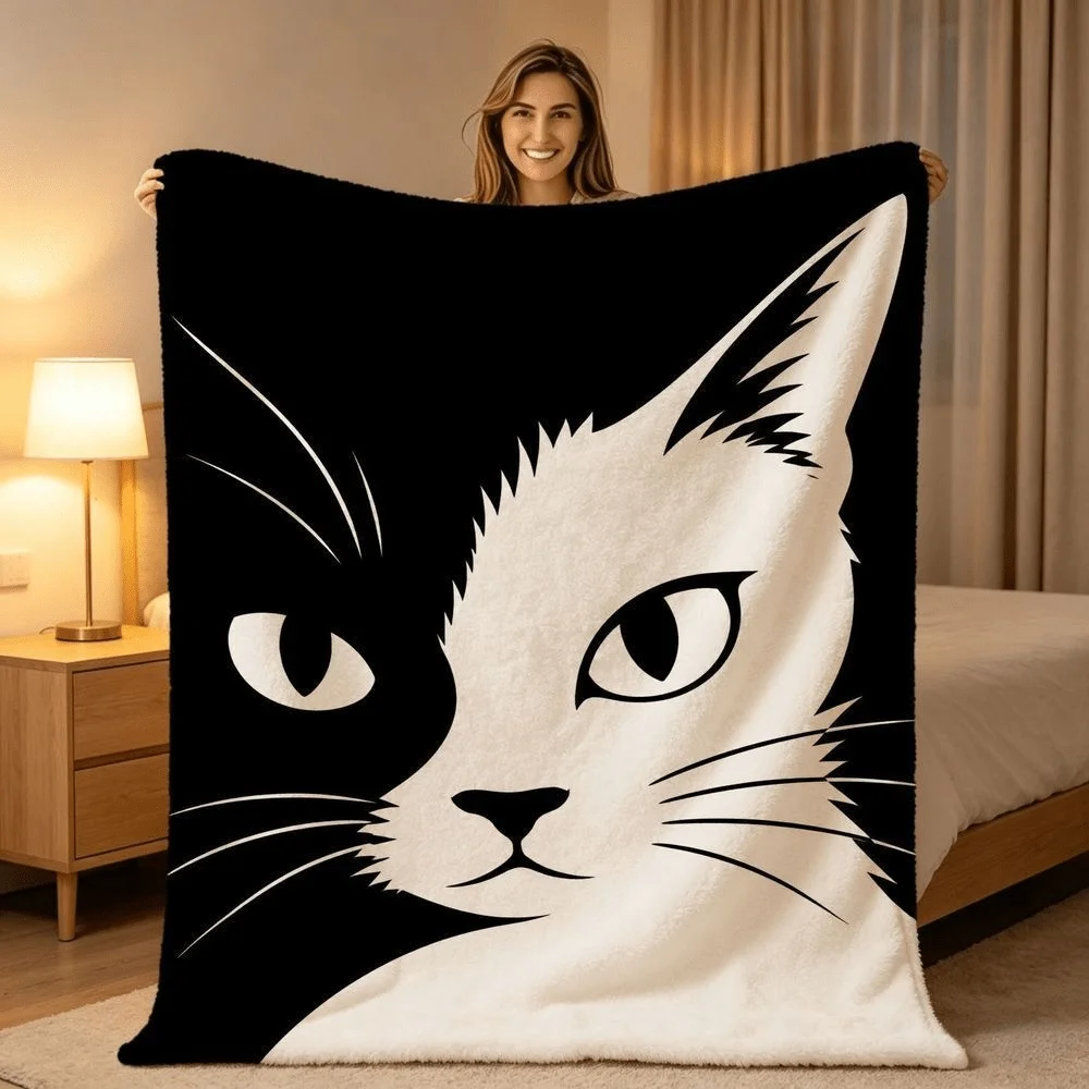 Blanket black white cat face print throw blanket minimalist kitten decorative cover for couch bedroom travel camping home decor