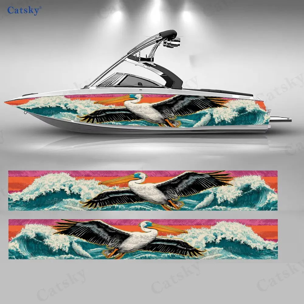 Vintage Print Pelican & Ocean Wave Boat Stickers, PVC Waterproof Vinyl Wrap Decals for Fishing Boats, Durable and Stylish Design