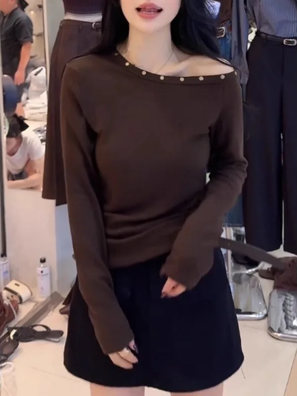 

Ele Coffee Long Sve Women's T-irt oulder Bared Base irt plus Size Faionable Autumn New Arrival Commute Sle