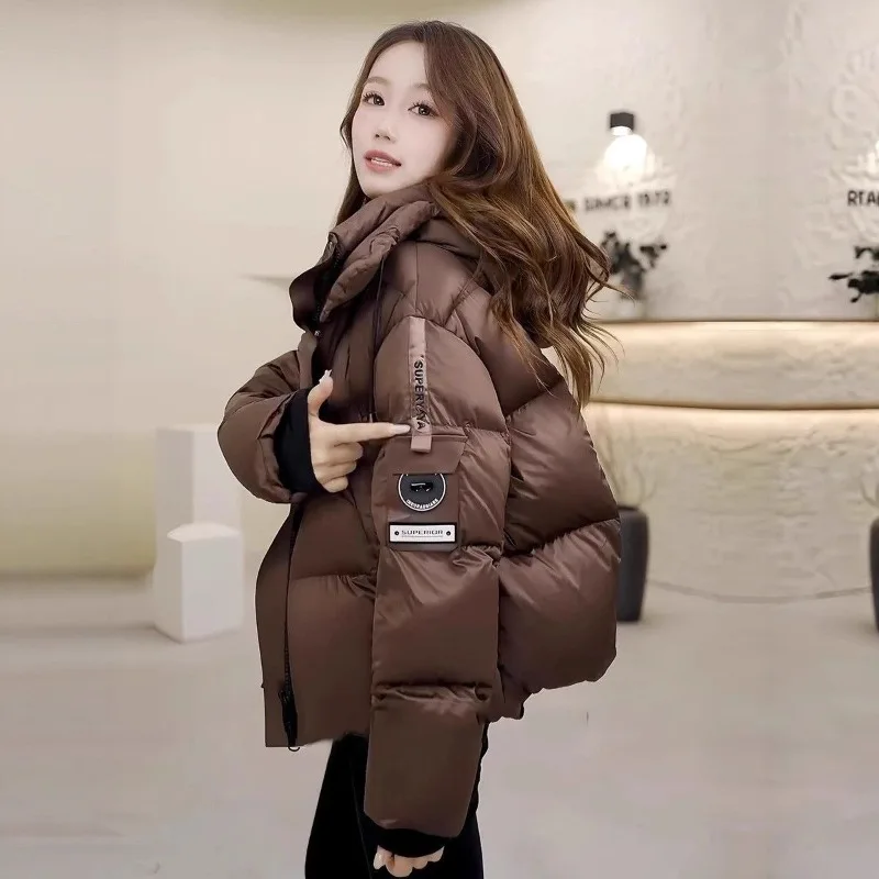 

2025 Winter Warm Cotton clothes Women's Coffee Color Down Cotton Jacket Thickened female Hooded Parker Padded Jacket