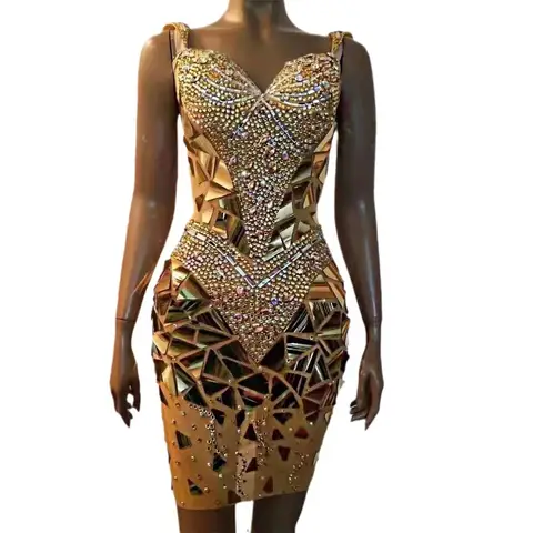 Vestidos para mujer 2025 Vestido glamuroso de malla de diamantes para fiesta de cumpleaños y puesta en escena con traje de noche sexy con lentes huecos