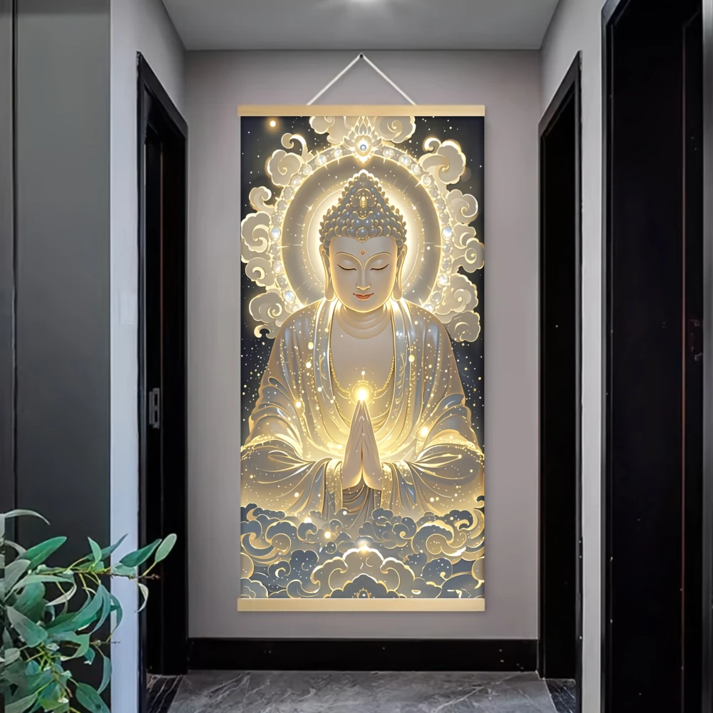 2D Flat 1pcs Canvas Scroll Poster Buddha Wall Art Buddha Face & Hands with Halo & Robe Glowing Lotus Design Religion Spiritual
