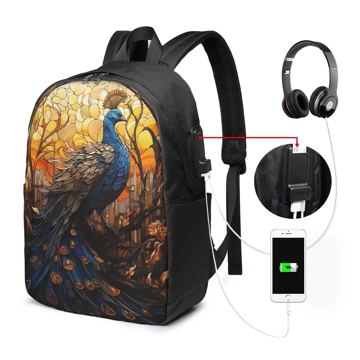 Stained Glass Peacock Backpack Travel Notebook Bag Computer College Student School Bag Laptop Shoulder Bags for Men Women