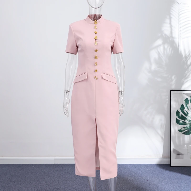 2026 Sommer Stehkragen Einfarbiges Damen-Midikleid Elegantes Einreihiges Kurzarm-Slim-Kleid Modisches Neues Damen-Langes Kleid – Detail 1