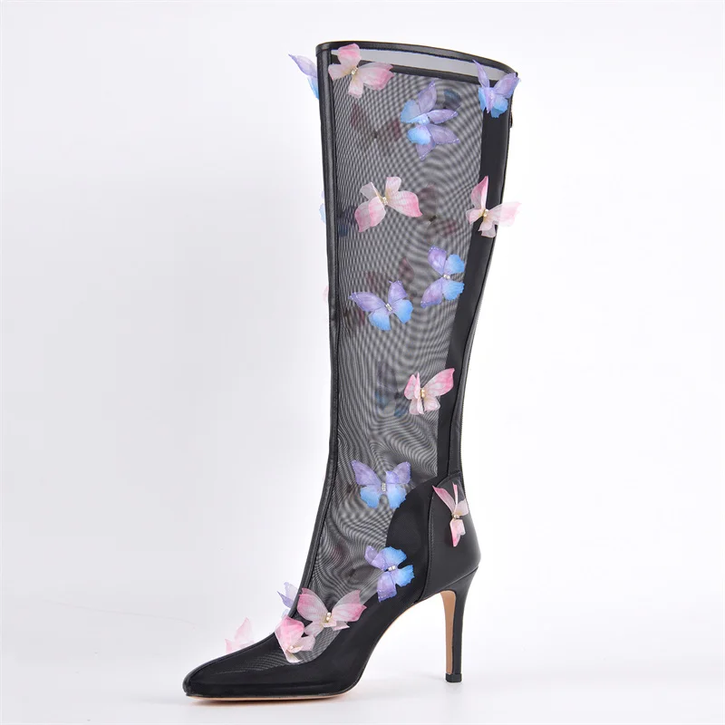 Onlymaker Women  Pointed Toe Butterfly Air Mesh  The Knee High Boots Zipper Sexy Sweet Thin High Heel Wedding Boots