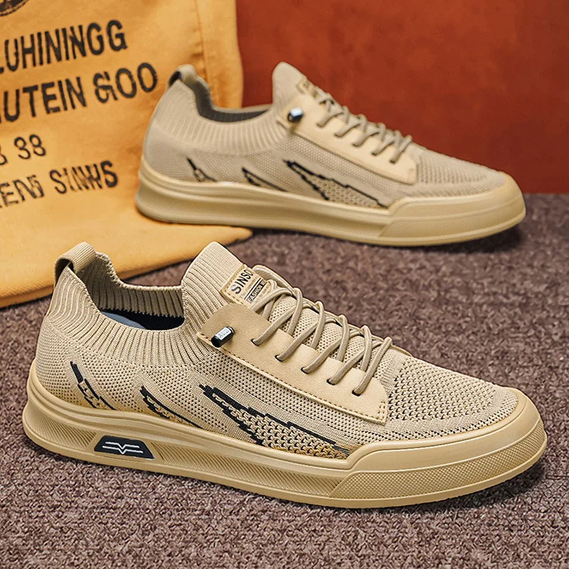 

Men's Khaki Knit Slip-on Sneakers Breathable Mesh Casual Shoes No-tie Low-top Lightweight Comfortable Daily Walking Trainers