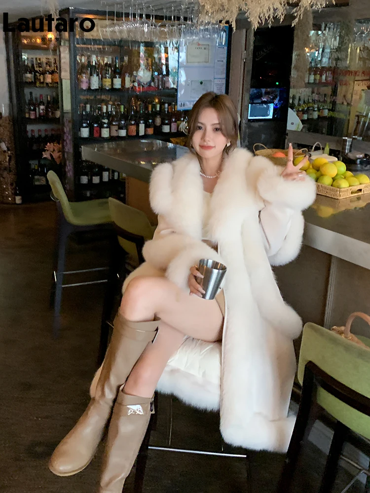 Lautaro Autumn Winter Luxury Soft Thick Warm Long Suede Patchwork Faux Fur Coat Women with Fake Fox Fur Trim Fluffy Overcoat