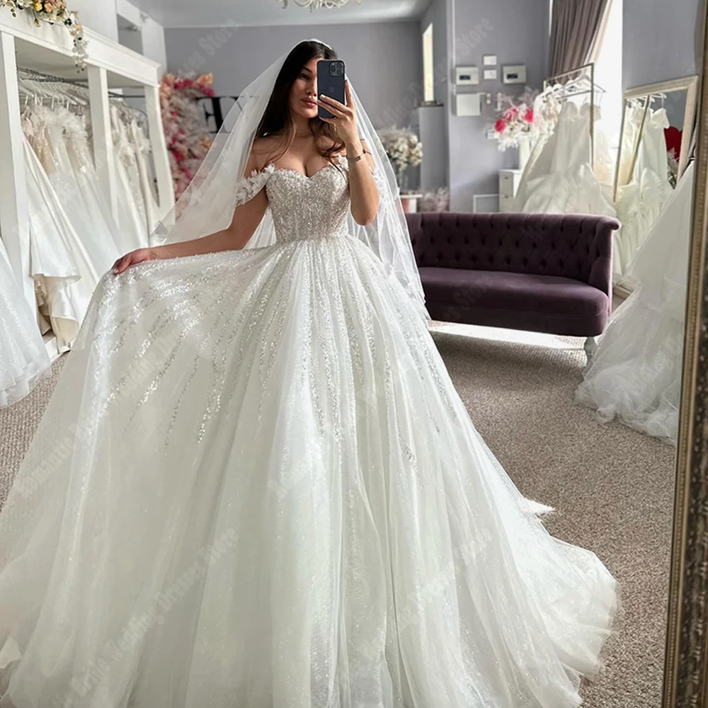 Mulheres fora do ombro vestidos de casamento chiffon, vestidos de noiva linha A, princesa esfregando comprimento, gola querida, 2024