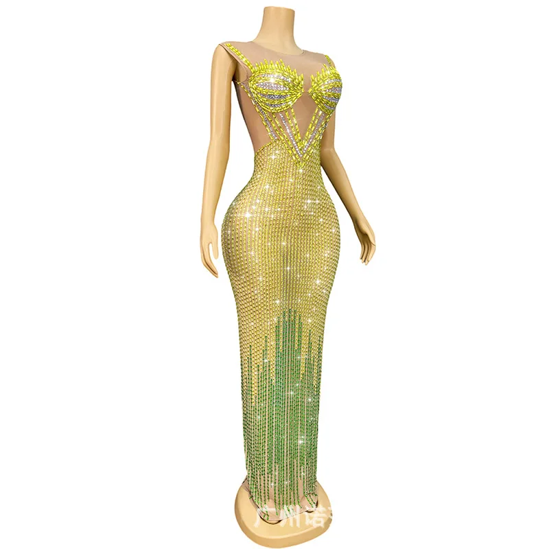 Luxury Rhinestone Temperament Contrasting Colors Slim Dress Wedding Emcee Performance Clothes Birthday High-end Dress Abendkleid
