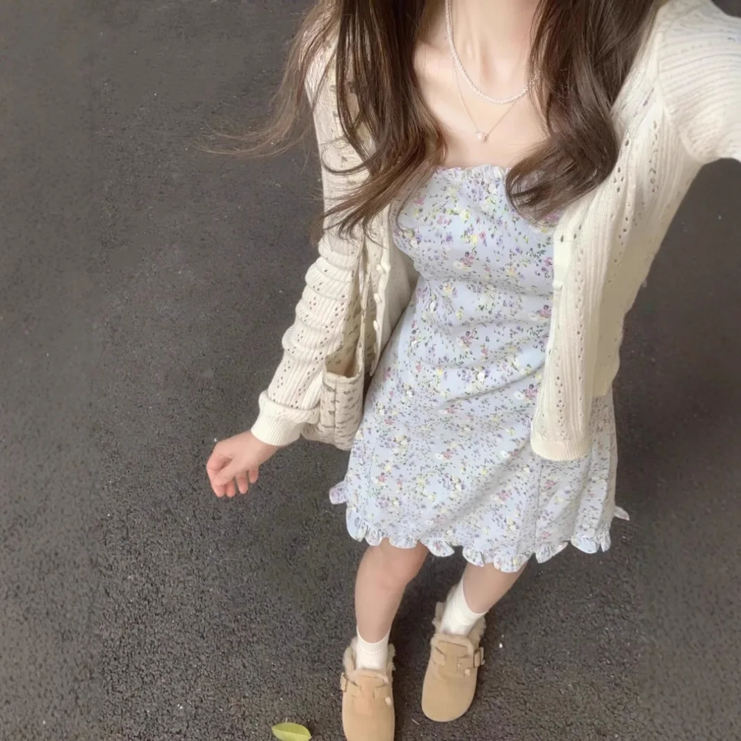 

2026 New Spring Women's Hollow Out Knitted Cardigan Long Sleeve White Short Top Elegant Lady Style Shawl Outerwear Matching Slip
