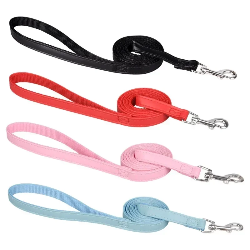 Size 120cm Pet Leashes PU Leather Padded Nylon Dog Training Rope Leads For Dog Cat Walking Puppy Leash Blue Black Red Pink