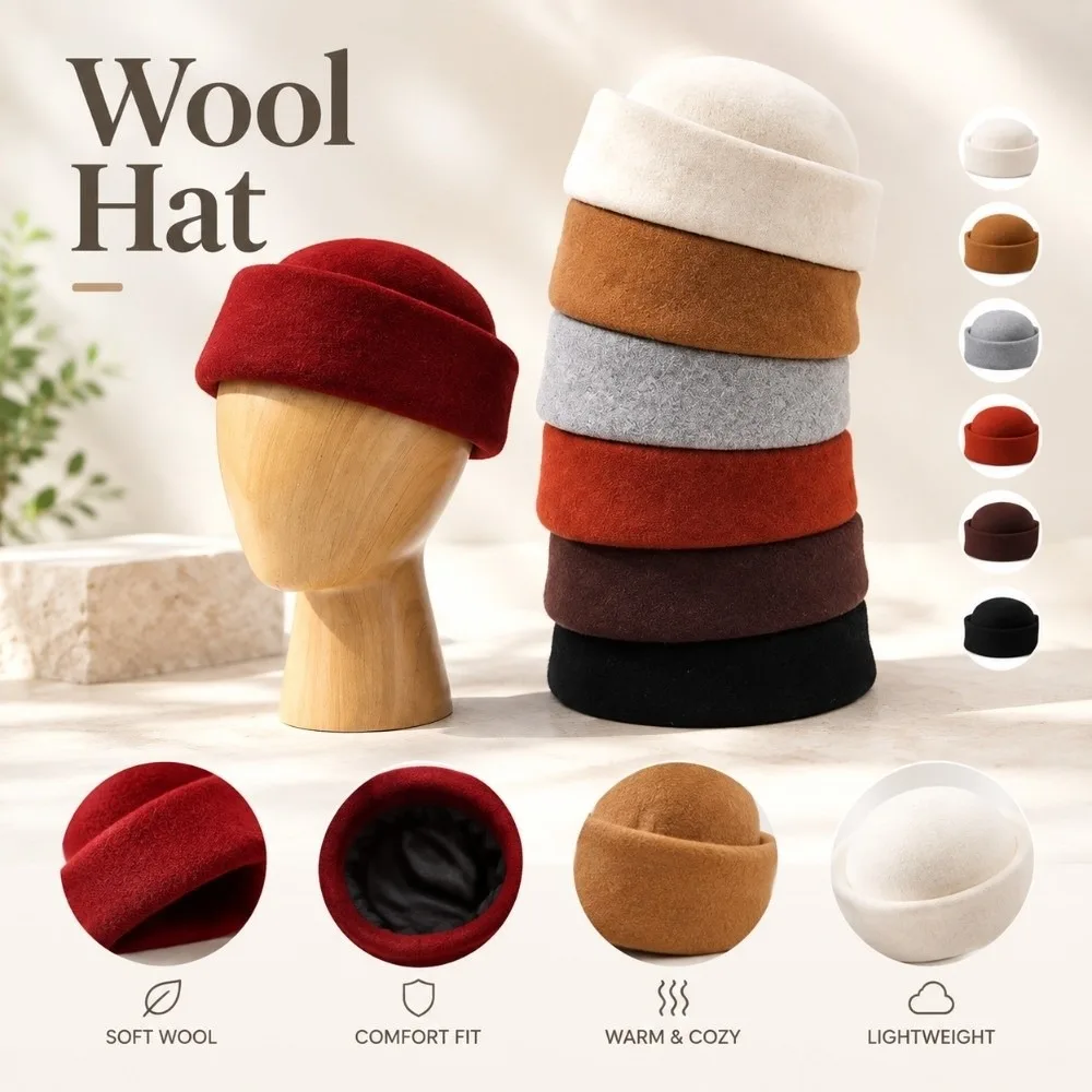 New Warm Insulation Dome Pillbox Hat Secure Fit Soft Texture French Hepburn Hat Wool Round Top Hat Daily Commuting