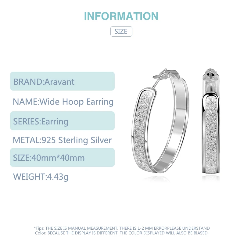 100% 925 Sterling Silver Hoop Earring For Women 40MM Scrub Big Round Circle Earrings Jewelry Gift