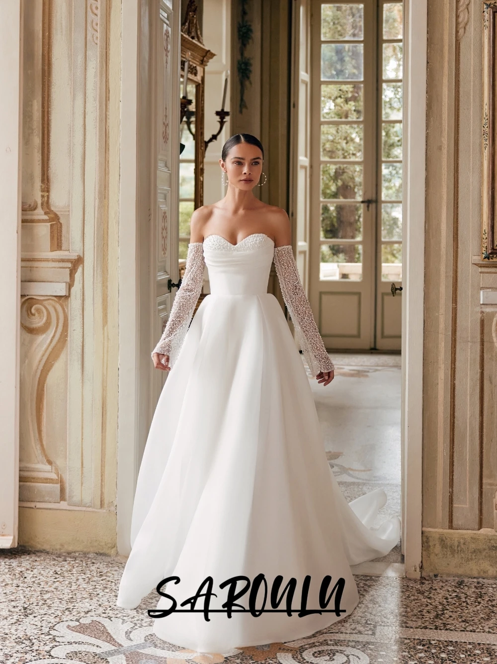 معقدة اللؤلؤ الحبيب الرقبة فستان الزفاف الأميرة خارج على الكتف مخصص ثوب الزفاف رشيقة بريق ملابس نسائية