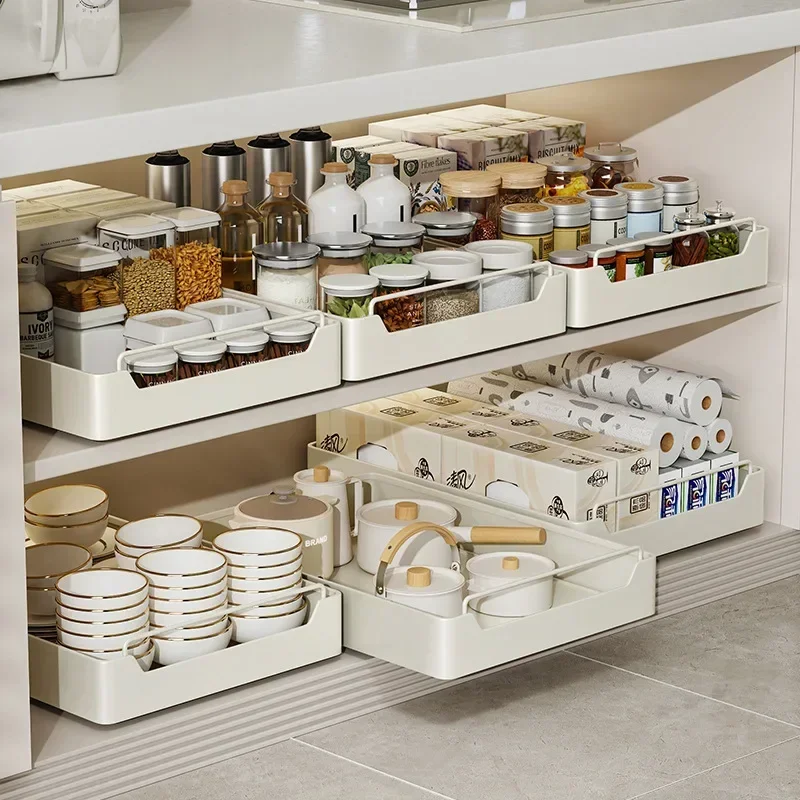 Drawer Type Kitchen Storage Rack with Slide Rails Pull-out Kitchen Storage Tray Spice Box Storage  Cabinets Organizer