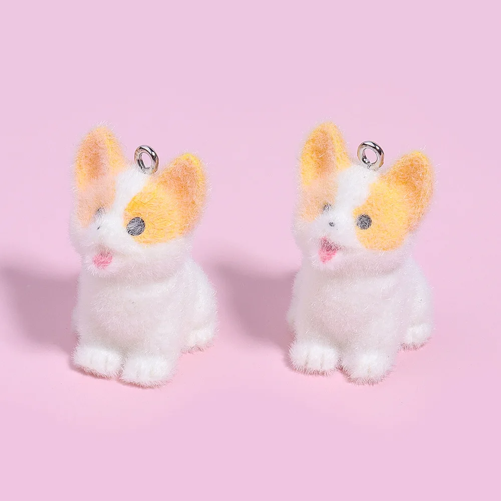 20Pcs 3D Cute Corgi Teddy Pendant Fluffy Flocking Animal Doll Charms wholesale Keychain Necklace Pendant DIY Crafts Jewelry Make