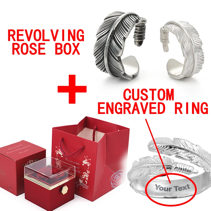 Valentine's Day Gift Rotating Rose Gift Box with custom engraved adjustable feather ring