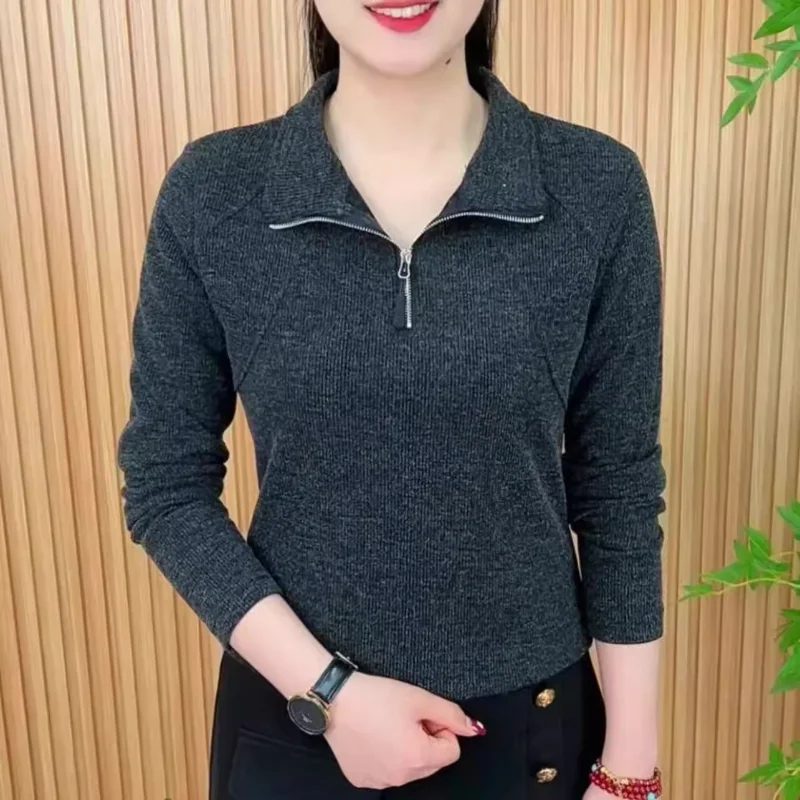2025 Autumn New Fashionable Solid Color Middle-aged Mother Base Shirt Half Zipper Long Sleeve T-shirt Women's Top