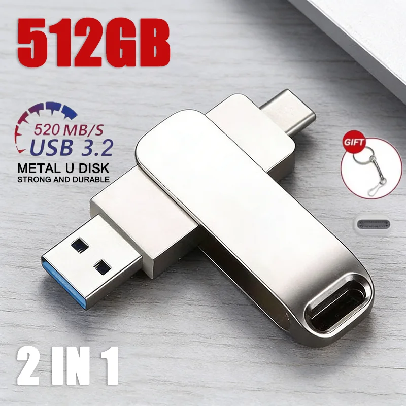 pen-drive-usb-32-de-512gb-alta-velocidade-metal-2-em-1-tipo-c-a-prova-d'Agua-grande-armazenamento-para-telefone-computador-armazenamento-de-dados-novo