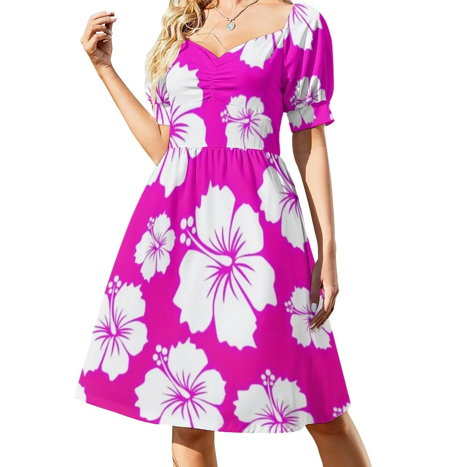 

Pink Hawaiian Pattern Short-Sleeved Dress Aesthetic clothing Women's summer skirt Elegant gowns Long dresses