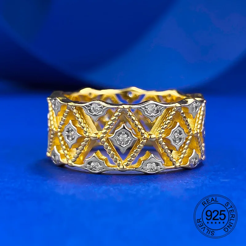 Double White Yellow Gold Plating 925 Sterling Silver Jewelry Hollow Lattice Design Wide Band Ring