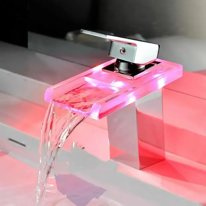 

3 Colors LED Light Glass Spout Sink Faucet Bathroom Basin Hot and Cold Water Waterfall Mixer Tap
