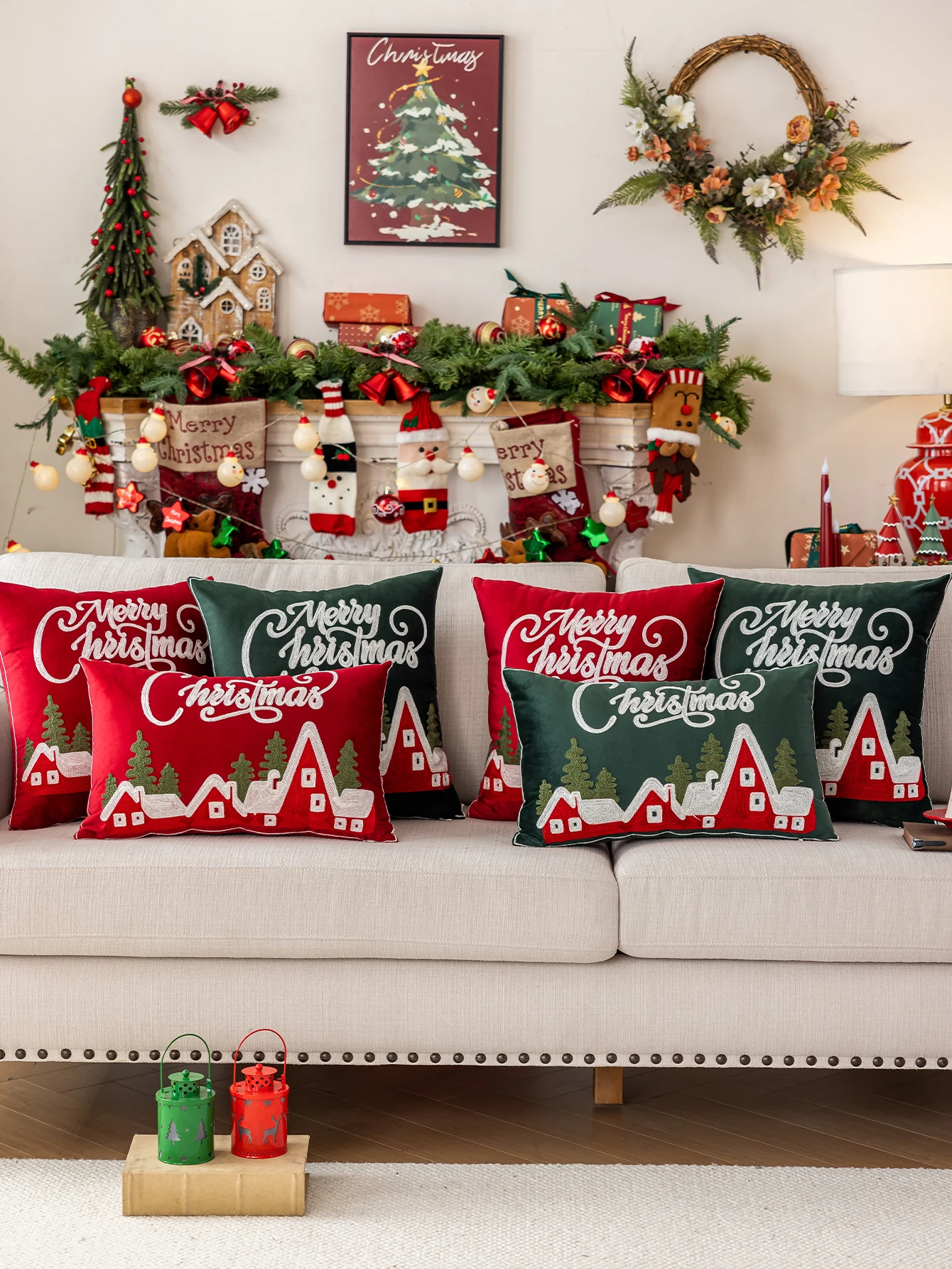 1pc 3D Embroidery Christmas Pillowcase Red Green Snowscape Cabin Pattern Multi-Season Decorative Cushion Cover