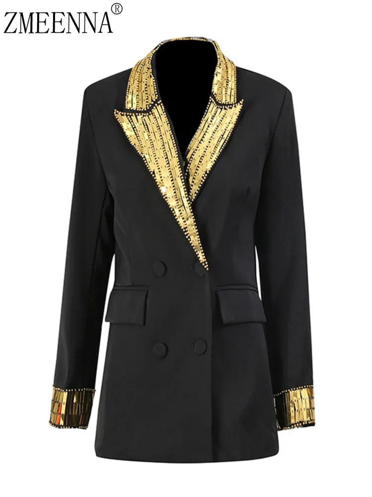 

ZMEENNA Women's Elegant Black Blazer With Golden And Beaded Lapels Cuffs Double Breasted Jacket For Evening Party ZM3813
