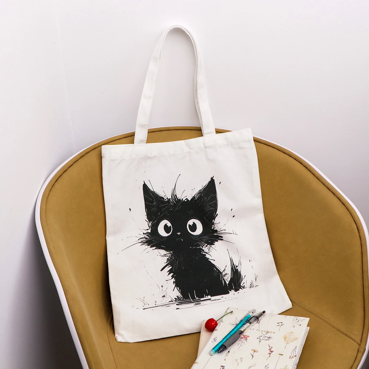 

Холщовая сумка-тоут с черным котом, многоразовая сумка для покупок с милым животным принтом, сумка на плечо, забавная повседневная сумка для любителей кошек