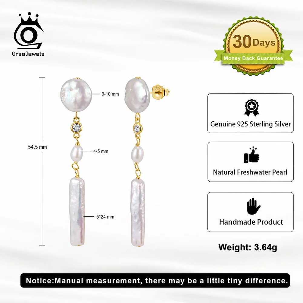 ORSA JEWELS Bohemian Pearl Drop Earrings 925 Sterling Silver Shiny Zircon Decor Irregular Pearl Ear Ornament For Women GPE152