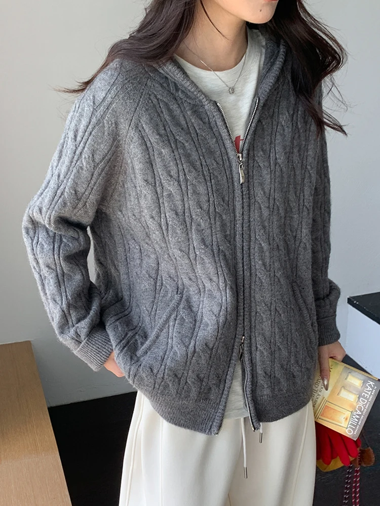 ヴィンテージカジュアルフード付きニットカーディガンセーター女性ルーズストリートウェア怠惰な風ジャケット長袖ダブルジッパーレトロトップス新