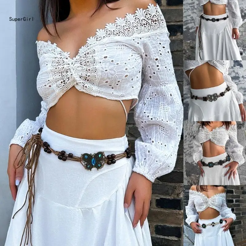 

Bohemian Belt for Female Casual Adjusting Self Knotted Crocheted Belt for Dress Summer Vacations Waist Decors J78E