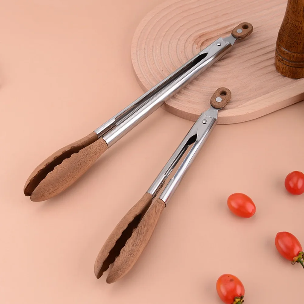 Non-Stick BBQ Grilling Tong Walnut Wood with Stainless Steel Handle Cooking Tong Easy to Use Durable Salad Bread Dessert Tong