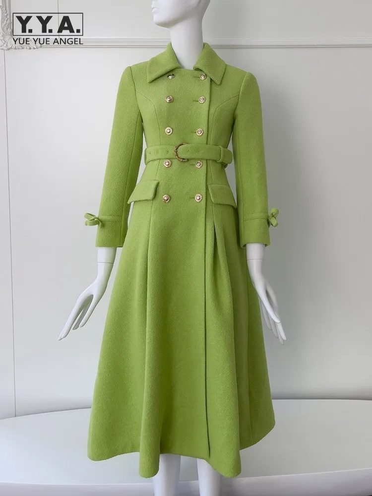 

Women Elegant Double Breasted Coat Fashion Turn Down Sashes Collar Slim Fit Sashes Woolen Fabric Winter Lady Long Style Overcoat