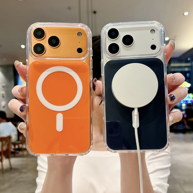 Magsafe магнитная беспроводная зарядка с прозрачной рамкой + однотонная акриловая задняя панель чехол для телефона для iPhone 17 Pro Max задняя крышка