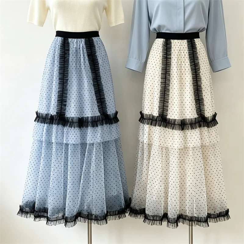 Women Polka Dot Tulle Long Skirt Black Fringe Tiered Skirt Elegant Mesh A-line Long Summer Holiday Flowy Ladies Fairy Skirt