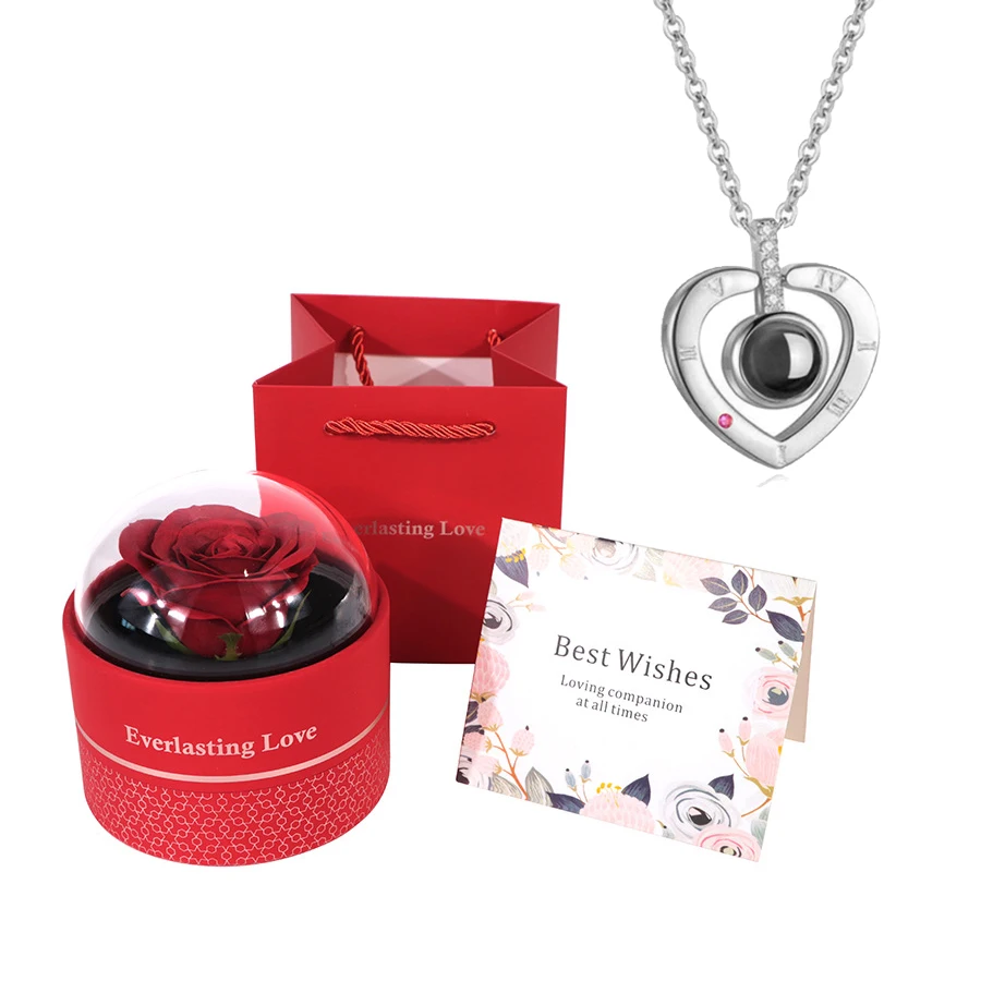 

100 Languages I Love You Projection Necklaces Pendant With Luxury Rose Flower Gift Box Christmas Mother For Women Wife Jewelry